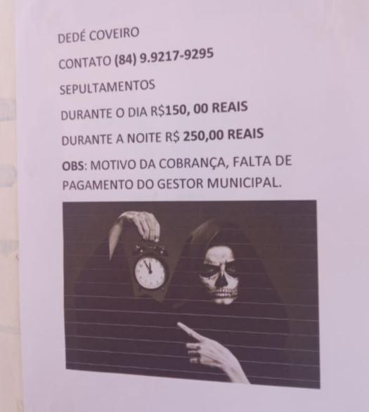 Sem salário, coveiro cola cartazes em cemitérios oferecendo seu serviço no município de São Miguel