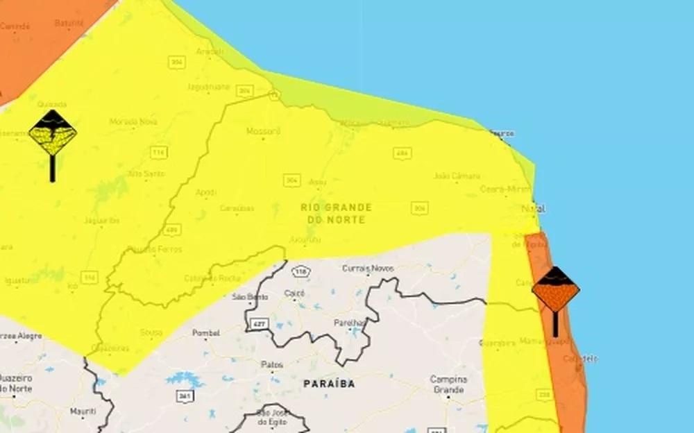 Inmet emite três alertas de chuvas para o Rio Grande do Norte; veja cidades atingidas