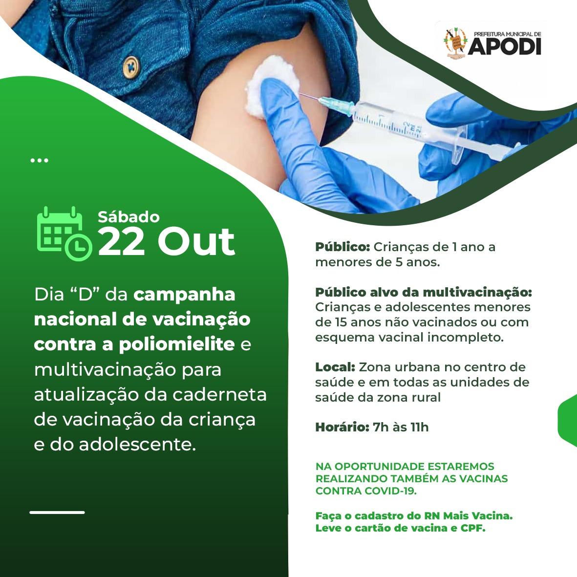 Dia D da Campanha Nacional de Vacinação contra a Poliomielite será realizada neste Sábado(22) em Apodi