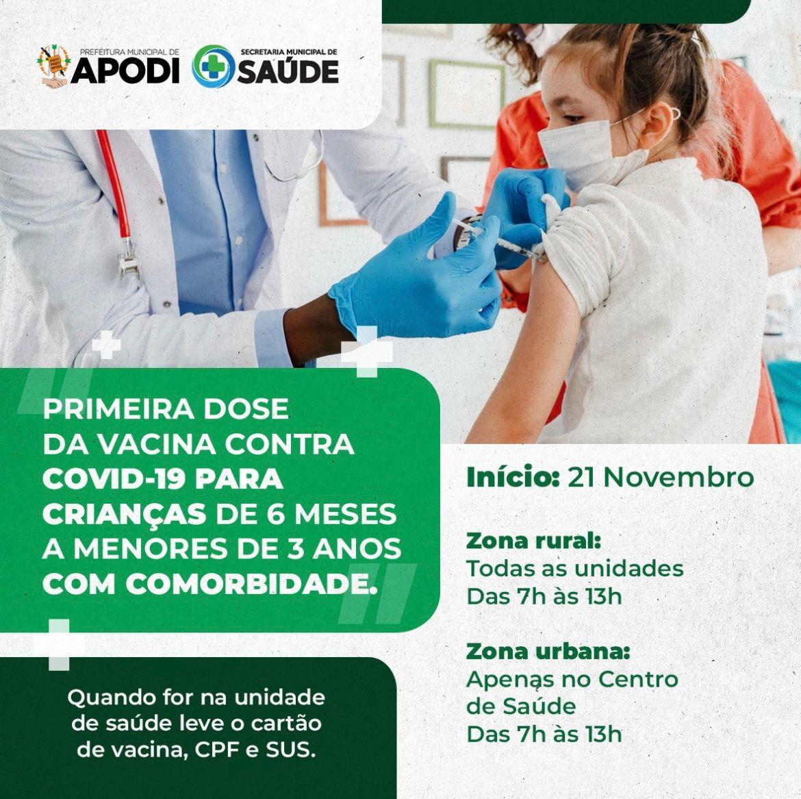 Crianças de 6 meses a menores de 3 anos com comorbidades já podem tomar a 1ª dose da vacina contra a Covid-19 em Apodi
