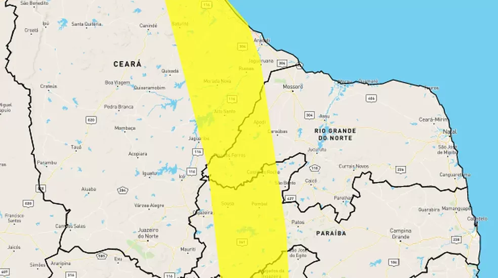 Inmet alerta para chuvas intensas em Apodi, Caraúbas, Felipe Guerra e mais 39 cidades do RN; veja lista