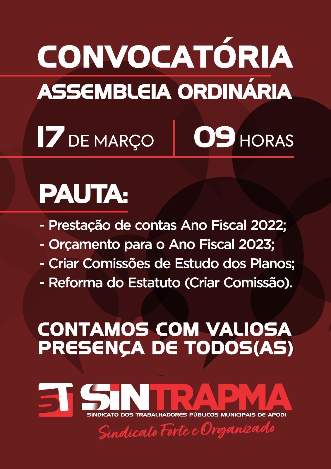 SINTRAPMA: Ofício Circular Nº 10/2023 - Convocatória da Assembleia Ordinária