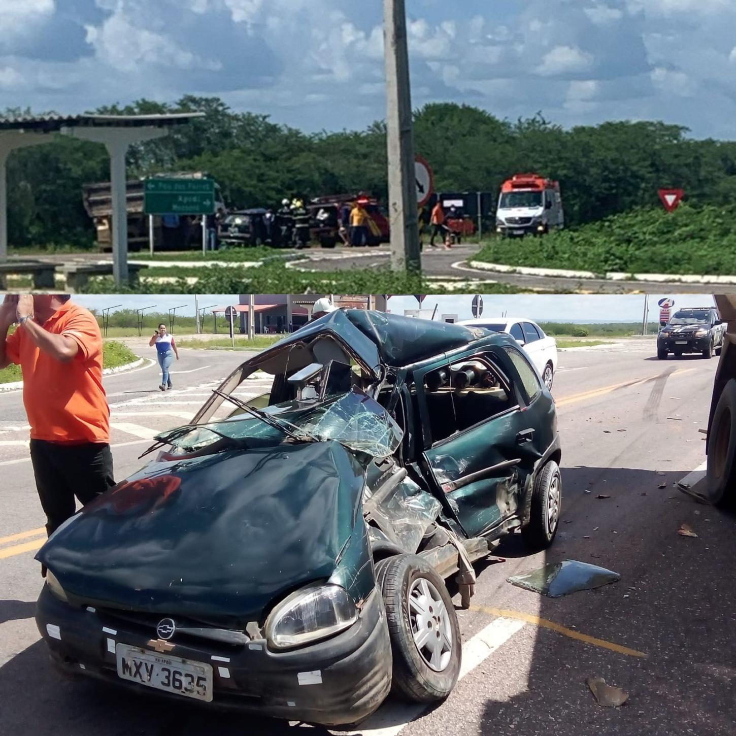 Carro de passeio e caçamba colidem na BR-405 em Apodi, vítima está presa nas ferragens