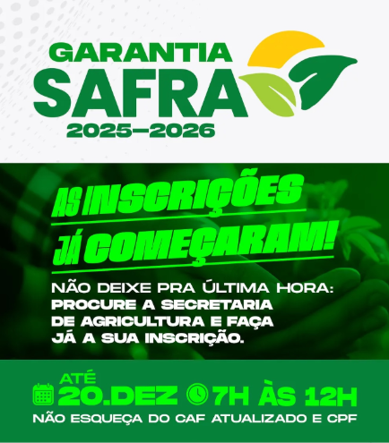 Garantia-Safra 2025/2026: Inscrições abertas para agricultores de Apodi