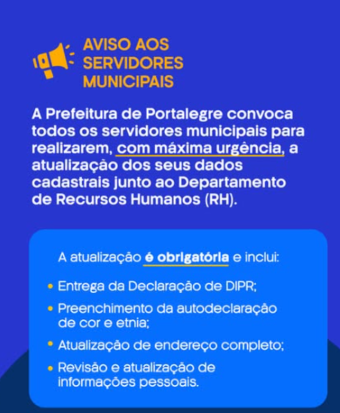 Servidores municipais de Portalegre  devem atualizar cadastro no RH até 19 de dezembro