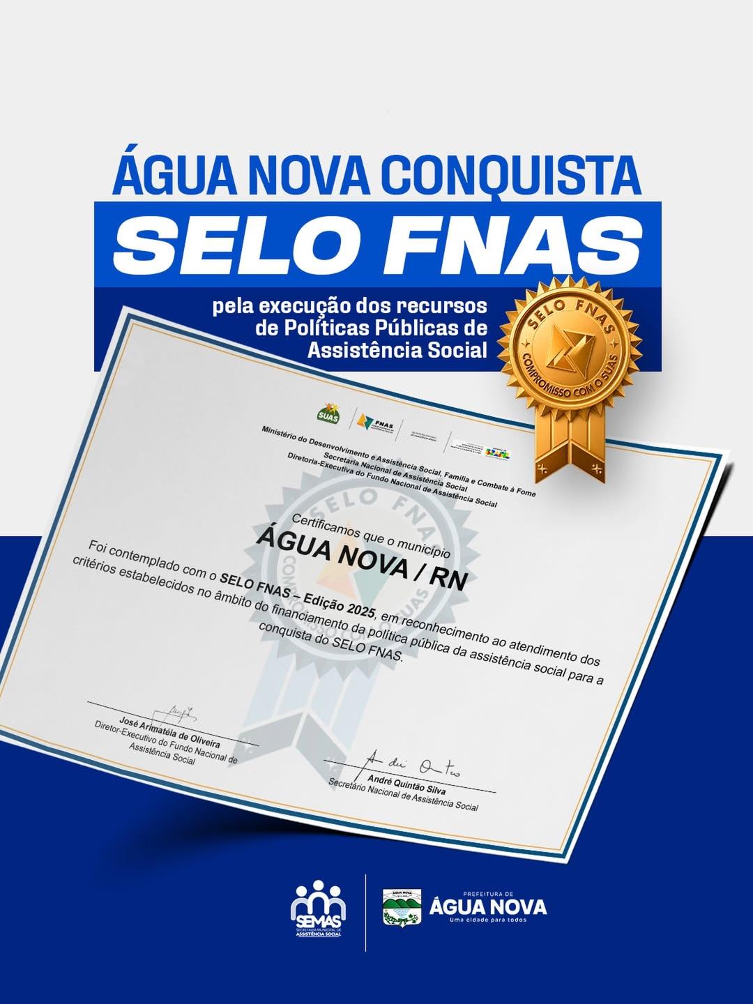 Água Nova conquista Selo FNAS 2025 e se destaca na assistência social